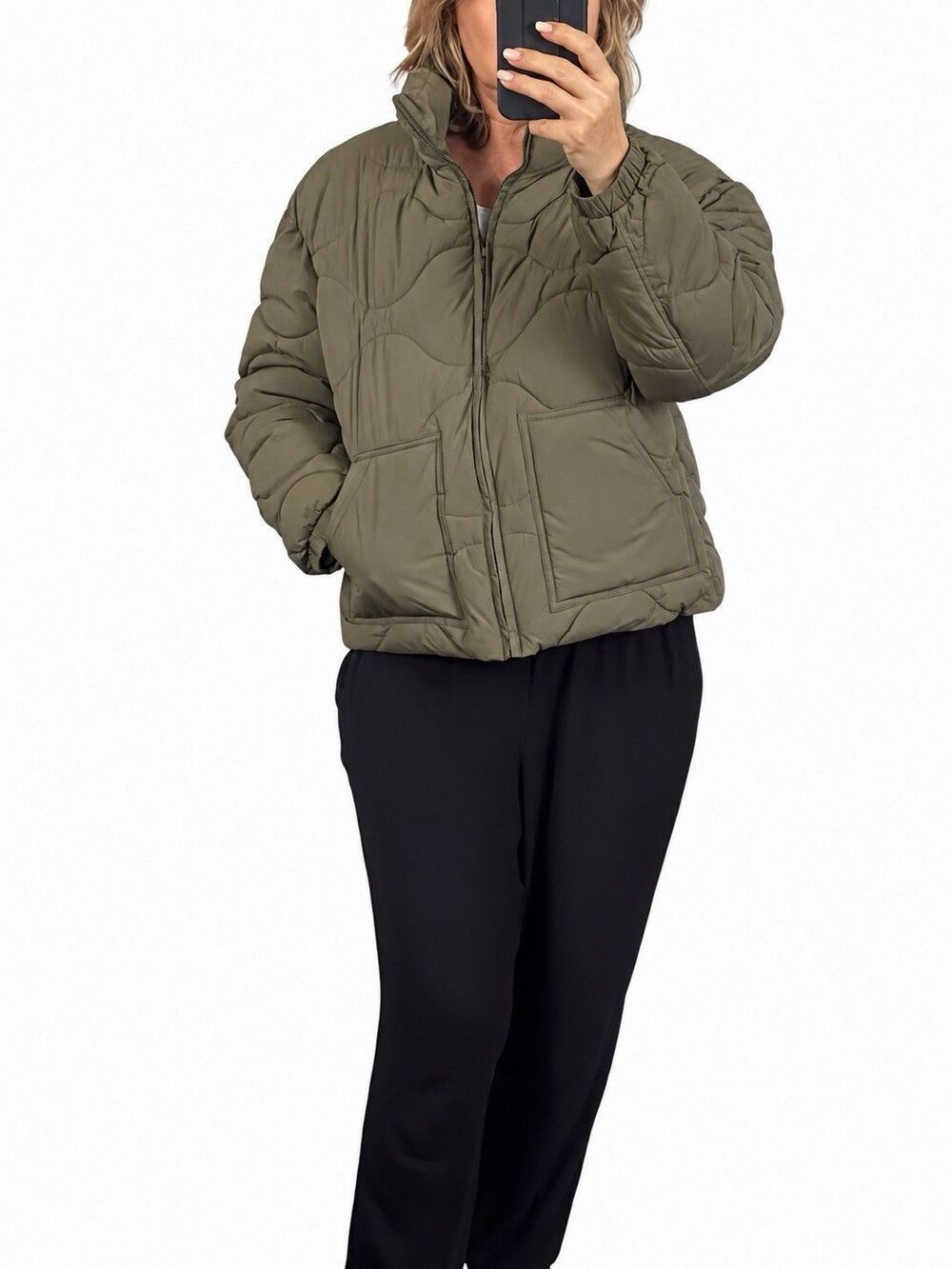 GAP Olive Green Wave Quilted Puffer Jacket M Stand Collar